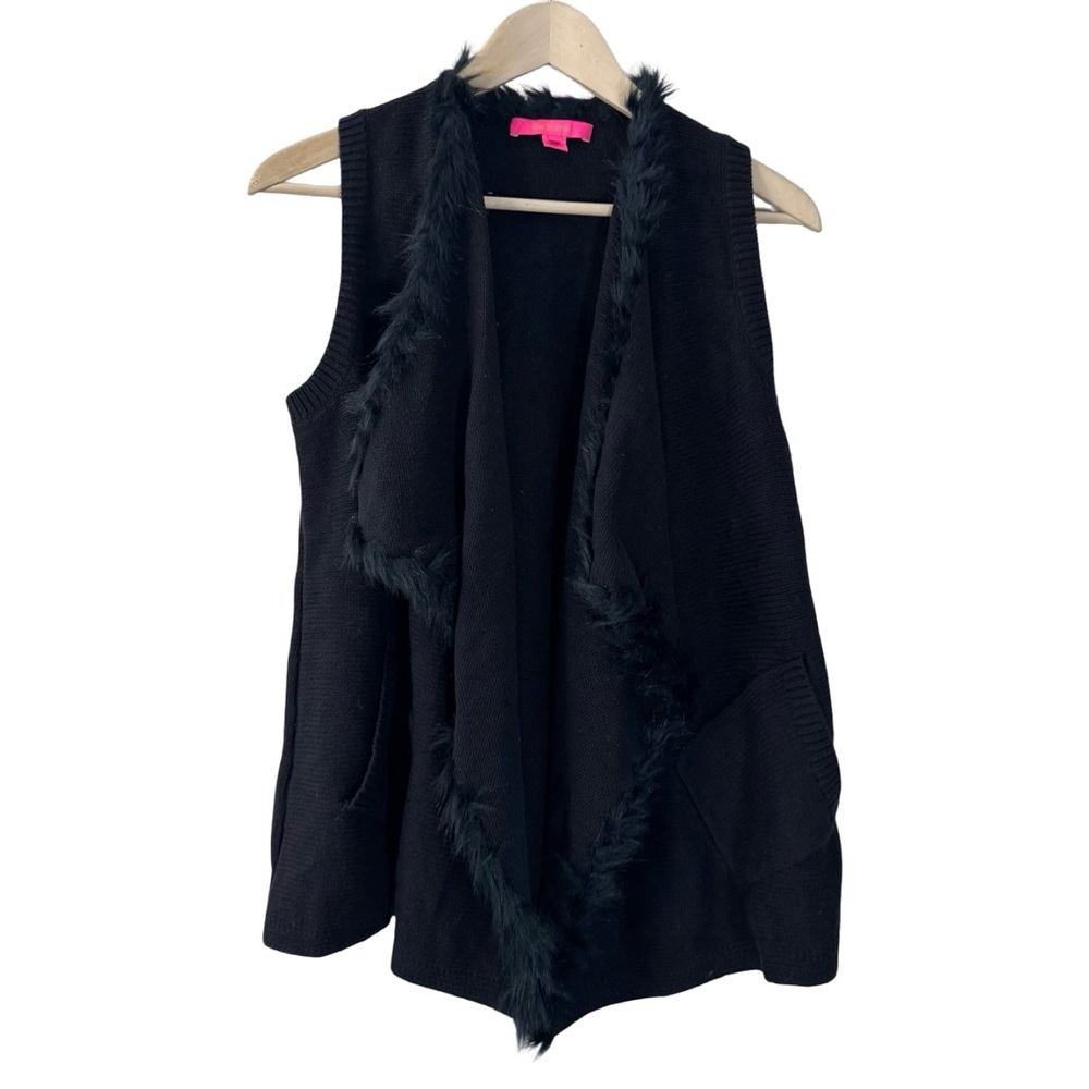 Lilly Pulitzer Fur Trim Essex Vest Small Open Front Black Glam Maximalist